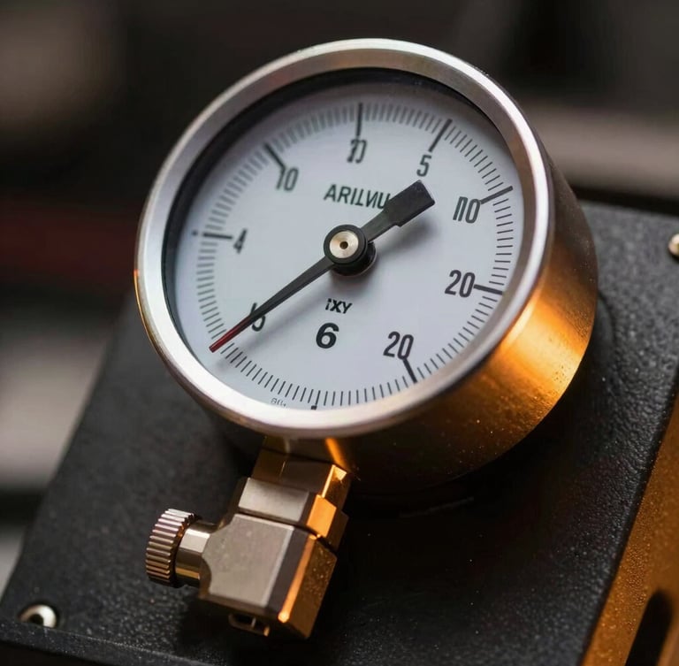 Macro shot of a high-precision pressure gauge needle holding rock-steady at exactly 6-bar on a dark calibration rig, dramatic amber backlighting highlighting machined steel edges.