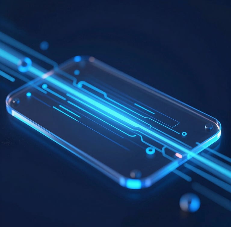 Sleek 3D render, dark midnight blue background, glowing neon electric blue accents, abstract digital data streams, high-tech aesthetic, portrait orientation, close-up macro shot of glass-like interface.