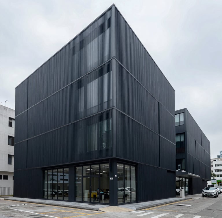 Straight-on architectural view of a modern logistics office in Hong Kong, cool overcast daylight, organized and professional atmosphere, realistic