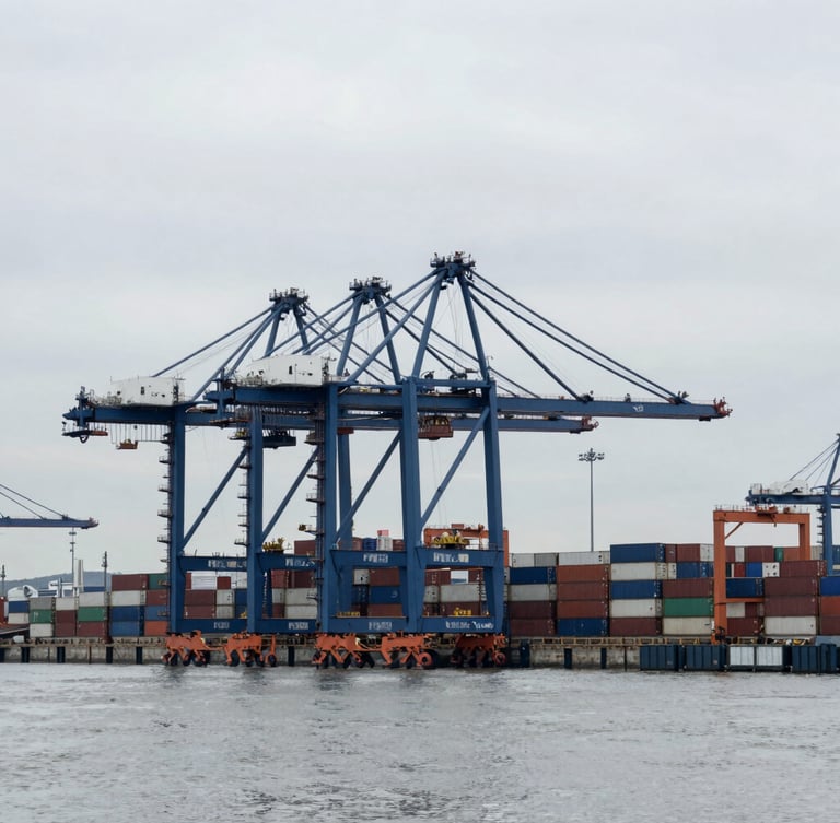 Wide shot of a modern deep-water container terminal with massive blue gantry cranes under a cool overcast sky, desaturated navy and grey tones, crisp industrial photography