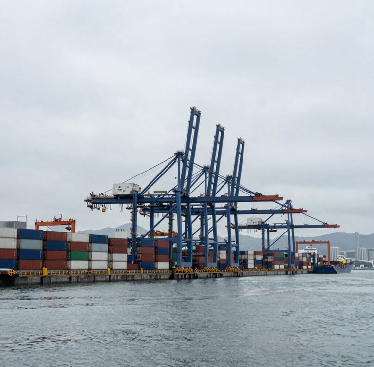 Wide environmental shot of a clean, modern deep-water container terminal in Hong Kong, cool overcast daylight, desaturated navy tones, realistic