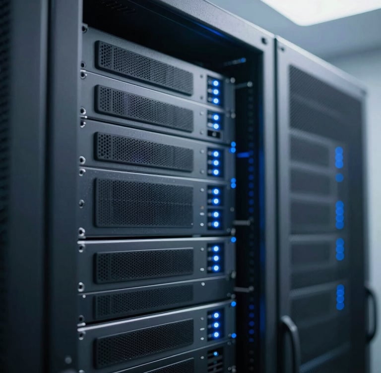 Macro detail shot of a clean modern server rack with cool blue indicator lights, architectural lines, 35mm