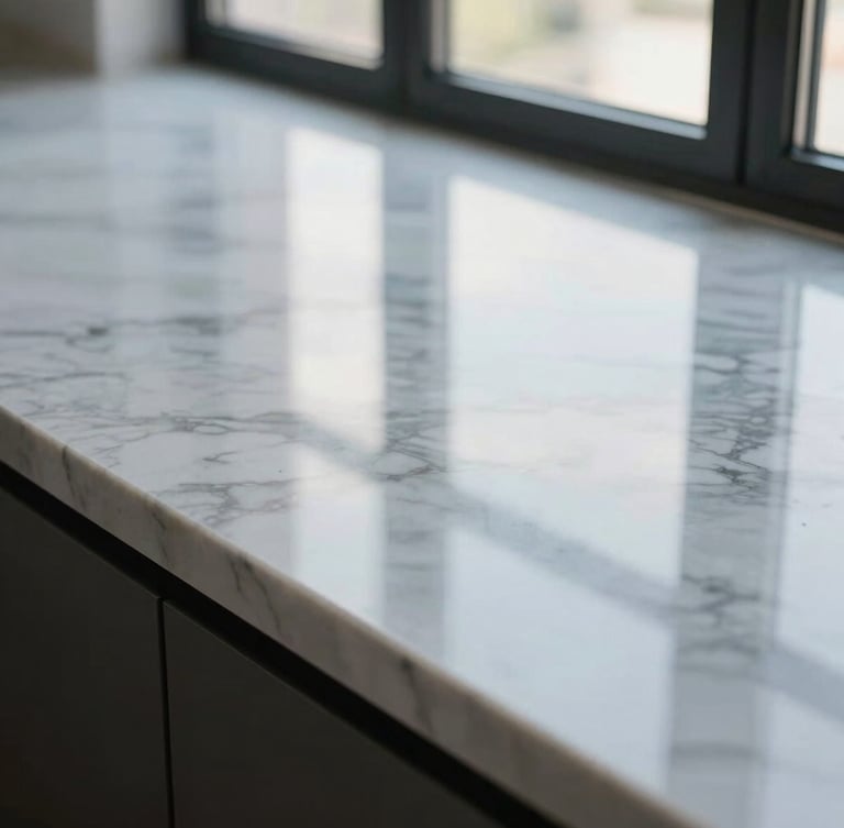 Macro shot of a pristine marble countertop reflecting bright daylight from a large window, spotless and polished to a mirror shine.