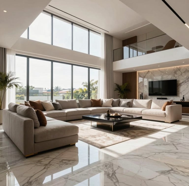 Wide-angle bright daylight shot of a modern luxury living room in Goiânia, large windows with natural light, immaculate marble floors reflecting the light, minimalist premium furniture.