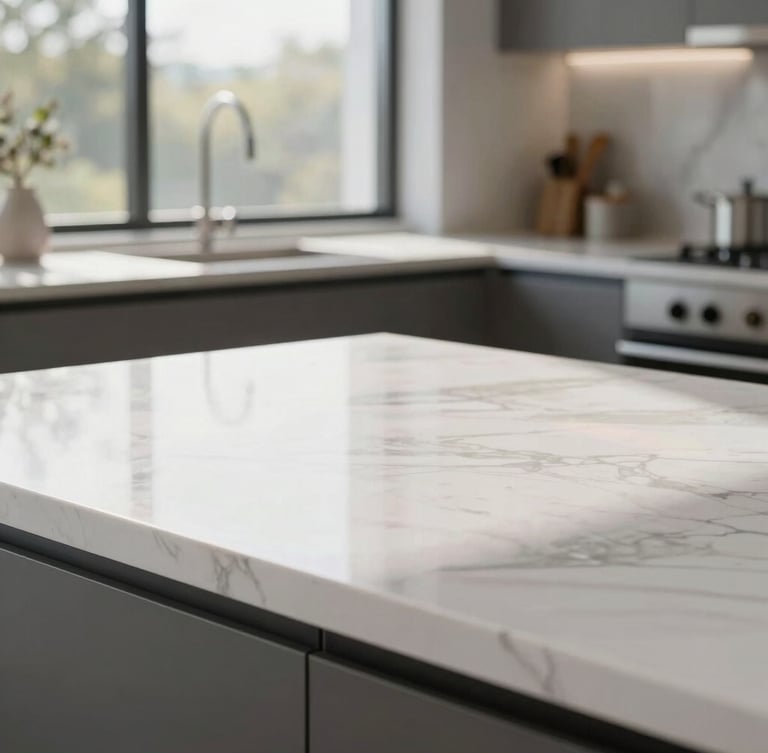 Close-up of a pristine white marble countertop reflecting natural sunlight from a large window, clean modern luxury kitchen environment, bright daylight.