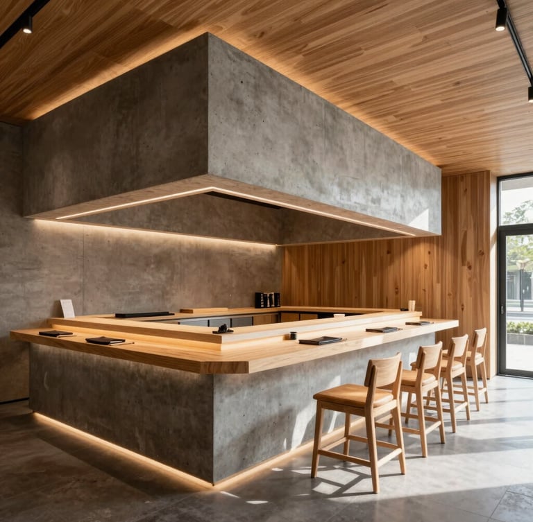 Wide-angle architectural photograph of Elsushi Doral interior, showcasing a sleek minimalist sushi bar with warm under-counter lighting, concrete finishes, and custom oak millwork, bright natural daylight streaming from the right, crisp focus.