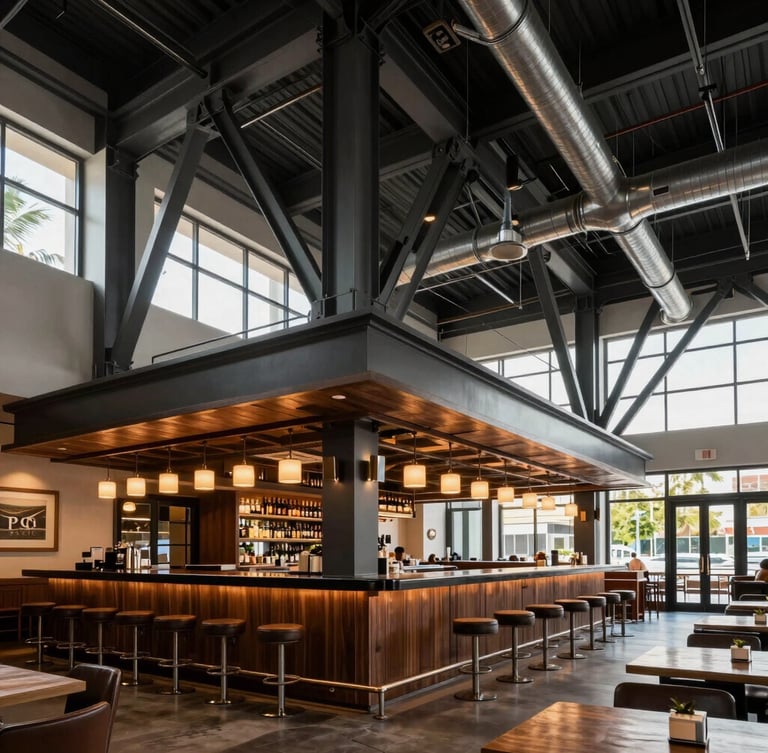 Wide-angle architectural photograph of the Pat & Phil restaurant interior in Doral, showcasing custom structural steel elements, high ceilings, and dramatic architectural lighting over the bar, crisp daylight filtering from the side.