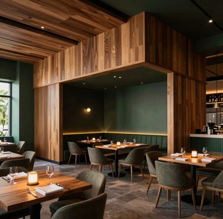 Wide-angle architectural photograph of a modern restaurant dining room in Miami, dramatic lighting, custom millwork, warm wood tones against dark green accents.