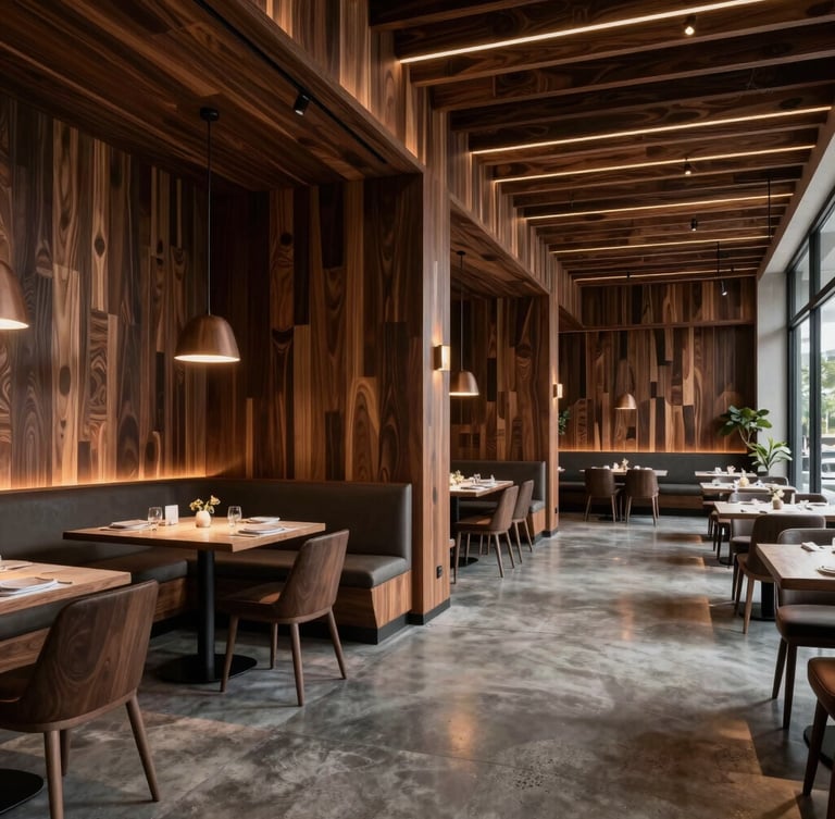 Wide-angle architectural photograph of the completed Soya restaurant dining room in Miami, dramatic pendant lighting casting warm glows on custom dark wood millwork, polished concrete floors, modern minimalist seating, clean geometric lines