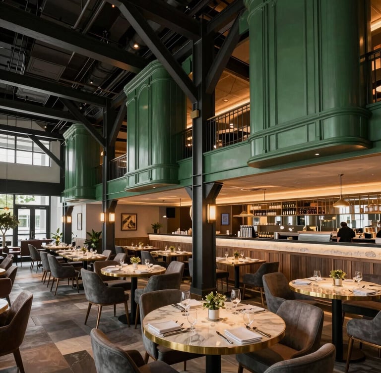Wide-angle architectural shot of a finished modern restaurant dining room in Miami, structural steel accents, custom green millwork, dramatic warm lighting.