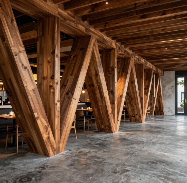 Wide-angle architectural shot of Soya Miami restaurant interior, dramatic geometric millwork, warm lighting, concrete floor, negative space on the right.