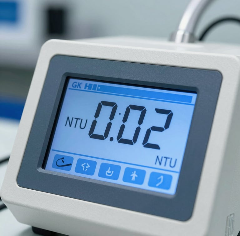 Macro detail shot of a digital water analyzer screen displaying 0.02 NTU turbidity under bright utility lighting, crisp blue interface, clean industrial background.