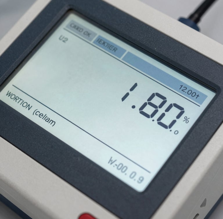 Macro close-up of a digital water analyzer screen displaying precise metrics, bright clean utility lighting, high-contrast details of the interface.