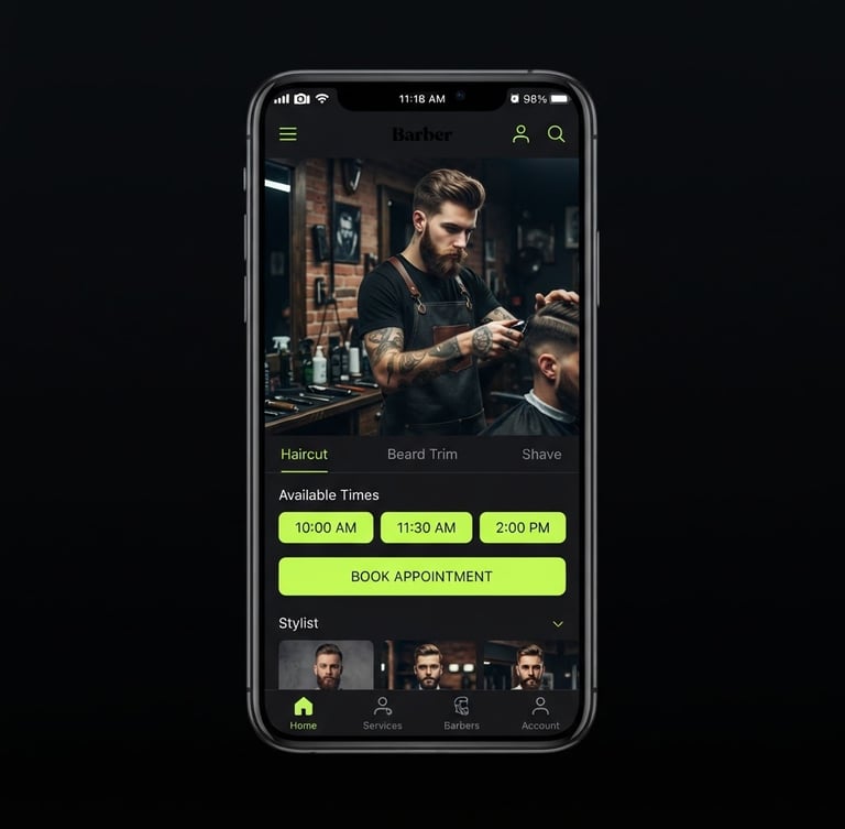 High-fidelity mobile mockup of a local barber booking website, sharp studio lighting, deep obsidian background, crisp focus, 35mm