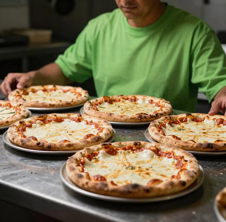Crisp editorial photograph of a busy pizza kitchen pass with fresh pies, high-contrast studio light, sharp focus, 35mm