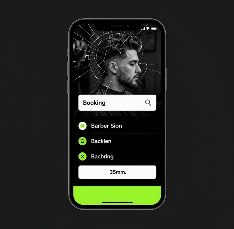 Straight-on clean mobile device mockup showing a local barber booking flow on a cracked screen, high-contrast studio light, sharp focus, 35mm