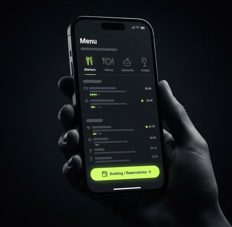 Crisp close-up of a modern smartphone displaying a clean local restaurant menu with an obvious green booking button, high-contrast studio lighting, dark background