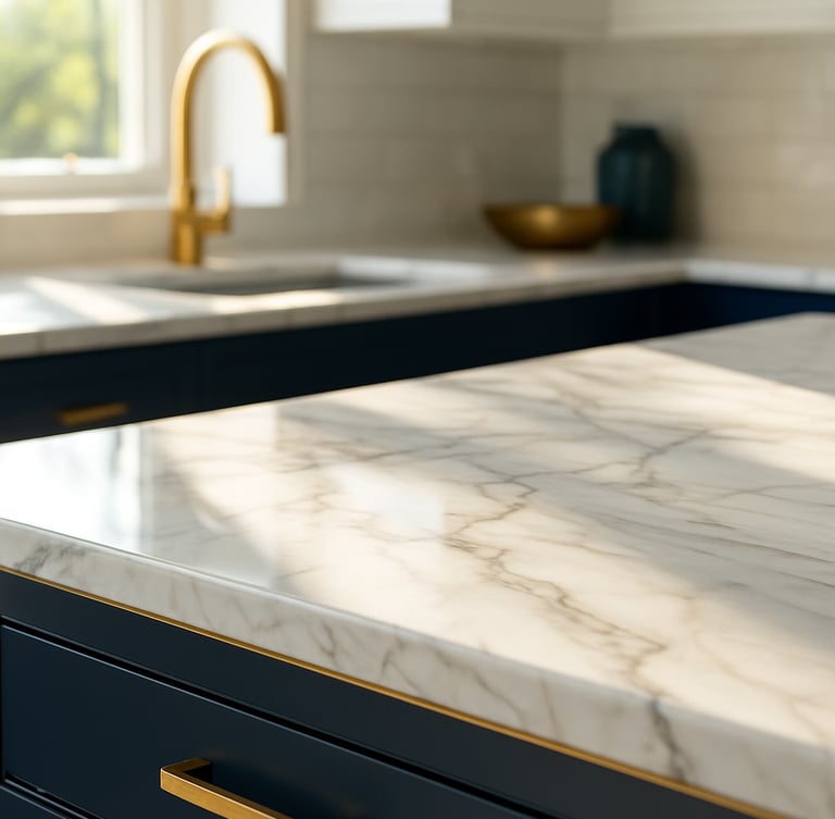 Elegant close-up of light reflecting on a polished marble kitchen island, warm gold accents, bright natural daylight, 35mm