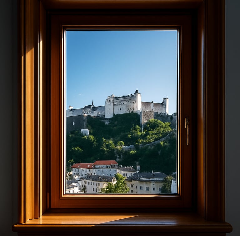 Premium interior photography of a pristine, streak-free glass window pane looking out to the historic Salzburg fortress under bright morning daylight. Soft warm gold reflections on the polished wooden frame, crystal-clear glass, 35mm, high contrast.