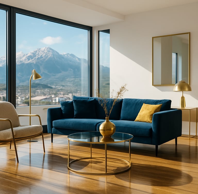 Bright modern Salzburg penthouse apartment living room, natural daylight casting soft shadows, polished wood floor reflecting mountain views, minimalist gold decor, 35mm photography