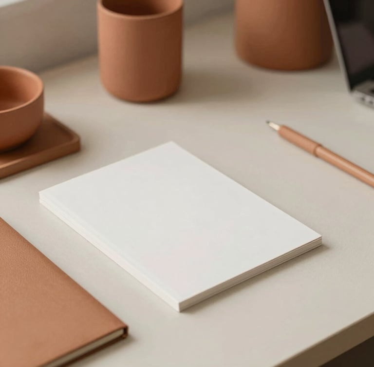 A minimalist workspace with elegant stationery mockups, warm side-lighting, terracotta accents, clean composition, editorial depth of field, 35mm