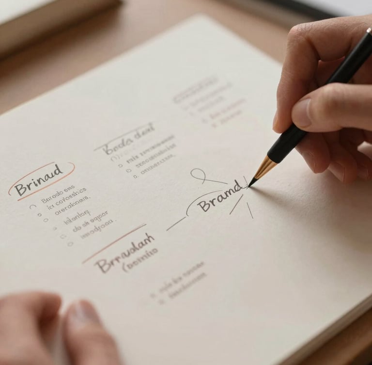 Close-up of hands sketching brand guidelines on textured paper, warm diffused light, elegant editorial composition, shallow depth of field