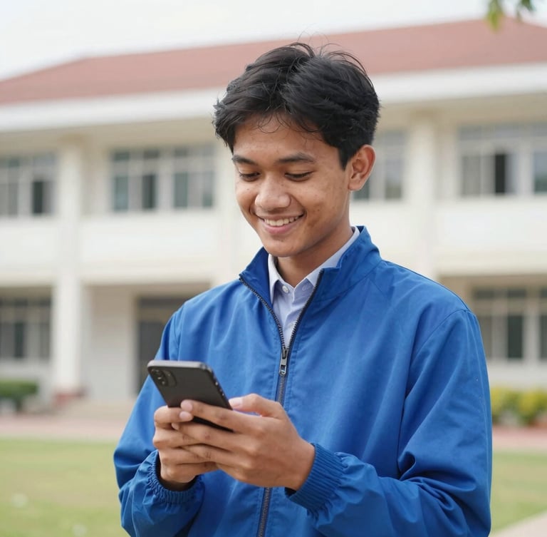 A smiling Indonesian student in a blue jacket holding a smartphone, bright natural daylight, university campus background, shallow depth of field