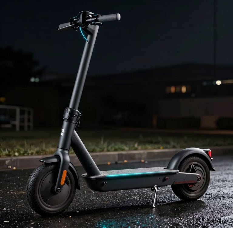Dynamic low-angle profile of a matte black electric scooter parked on wet dark asphalt at night, illuminated by a sharp electric-cyan neon light from the side, high contrast metallic textures.