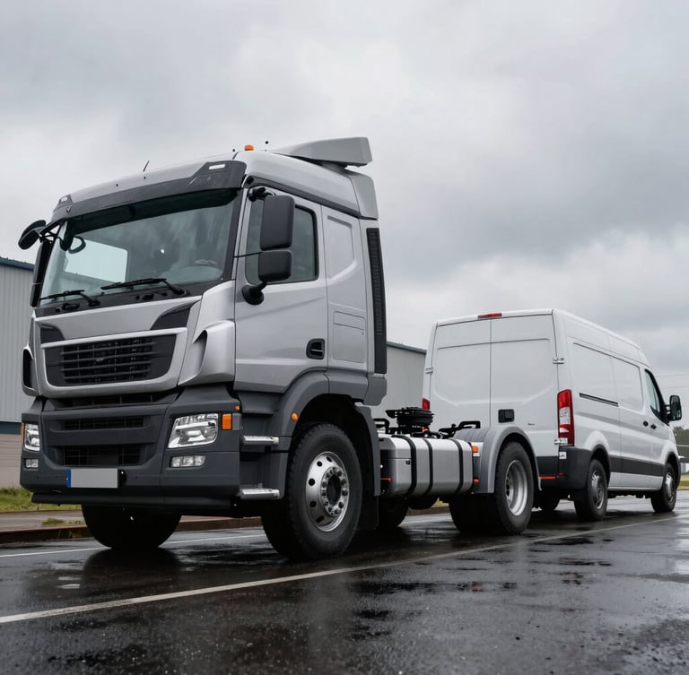 Low-angle dynamic shot of a modern heavy-duty electric commercial truck and a delivery van parked side-by-side on wet asphalt, high-contrast studio lighting highlighting metallic contours and battery chassis, overcast sky, industrial setting.