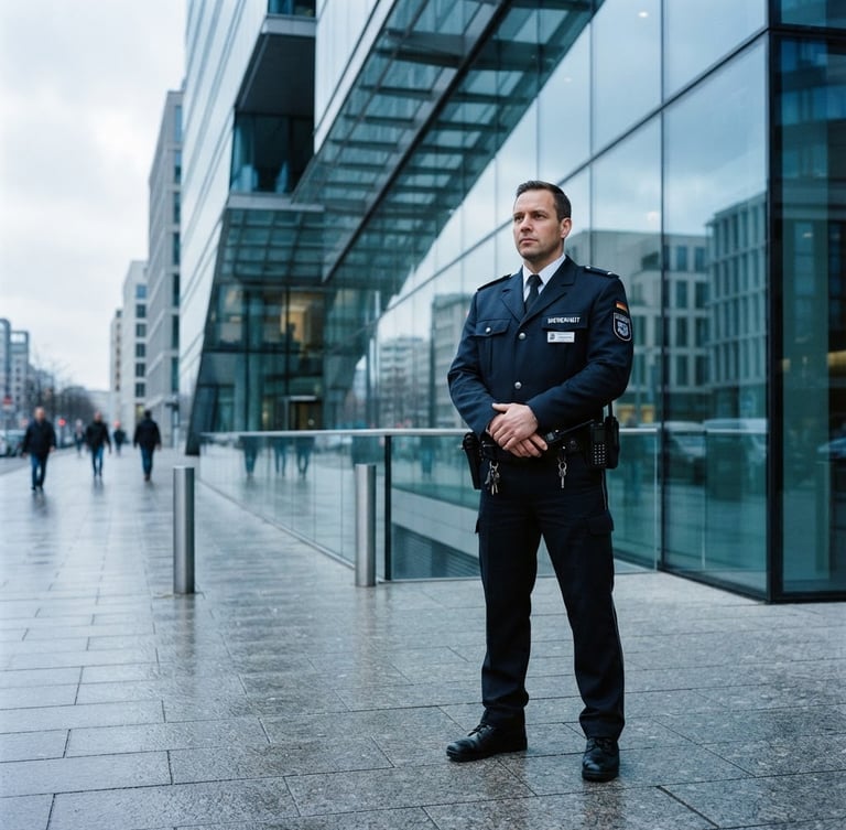 Dramatic corporate photography of a professional security guard in a clean midnight blue uniform standing alert outside a modern glass corporate building in Berlin-Mitte, cool blue overcast daylight, sharp focus, 35mm