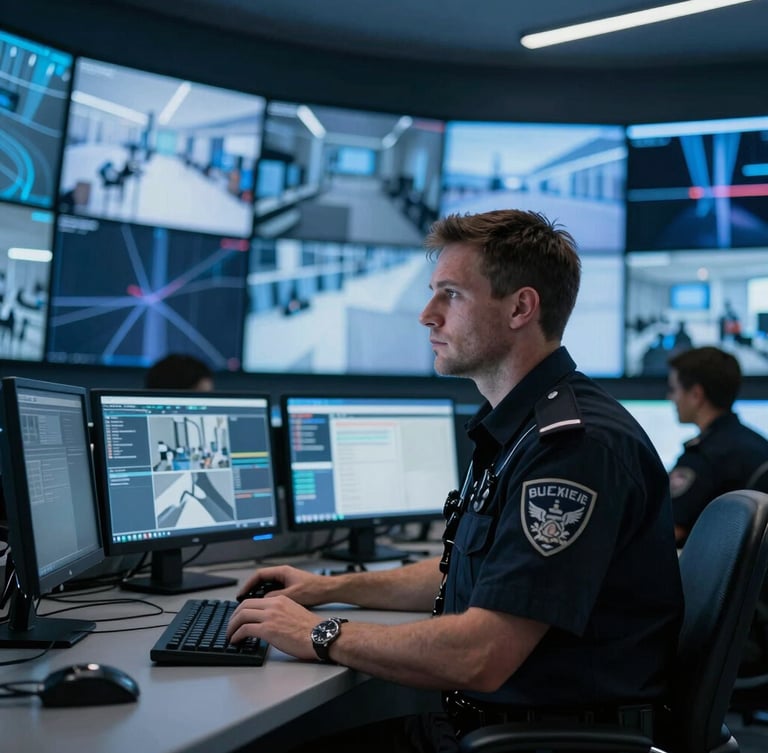 Medium-long shot of an alert professional security officer monitoring high-tech surveillance screens in a modern Berlin control room, cool blue tones, sharp focus.