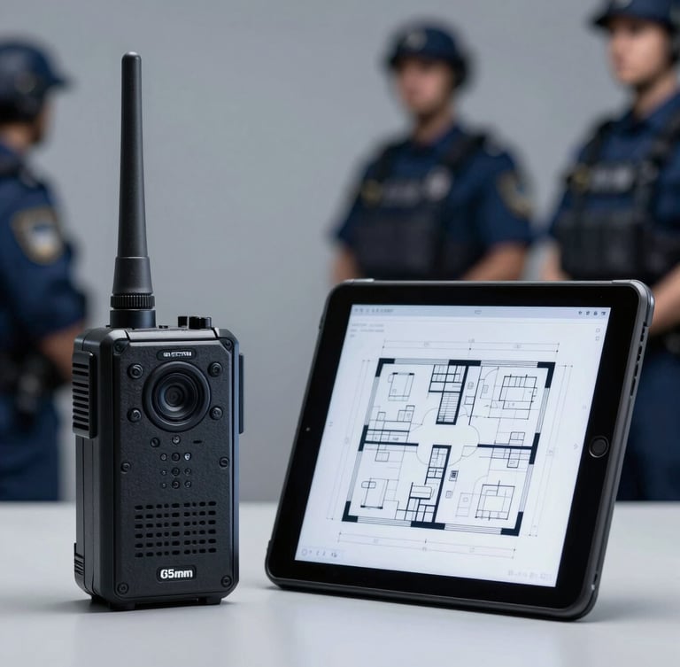Close-up of a high-end security communication device and tactical tablet displaying architectural floor plans, clean slate grey background, sharp focus, 35mm