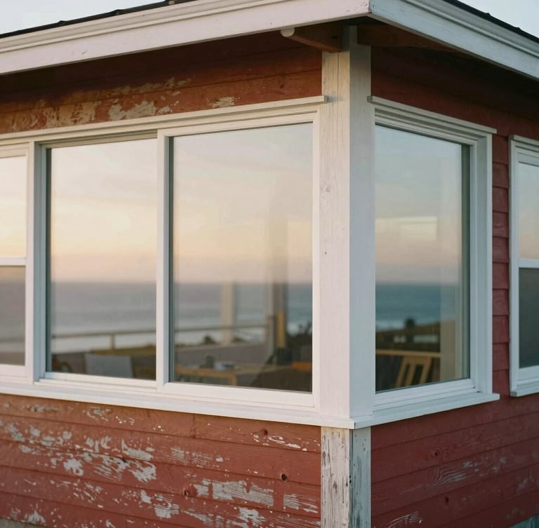 Close-up architectural detail of a modern coastal home with weathered redwood siding and large glass windows reflecting golden hour ocean light, shallow depth of field.
