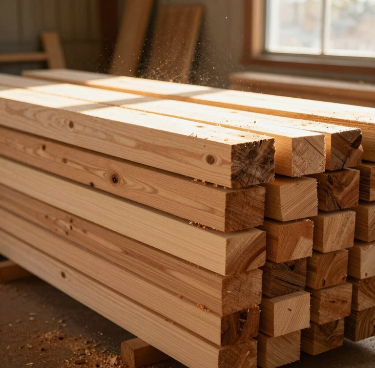 Raw redwood lumber stacked neatly in a sunlit workshop, sawdust floating in the air, warm golden-hour light streaming through a window