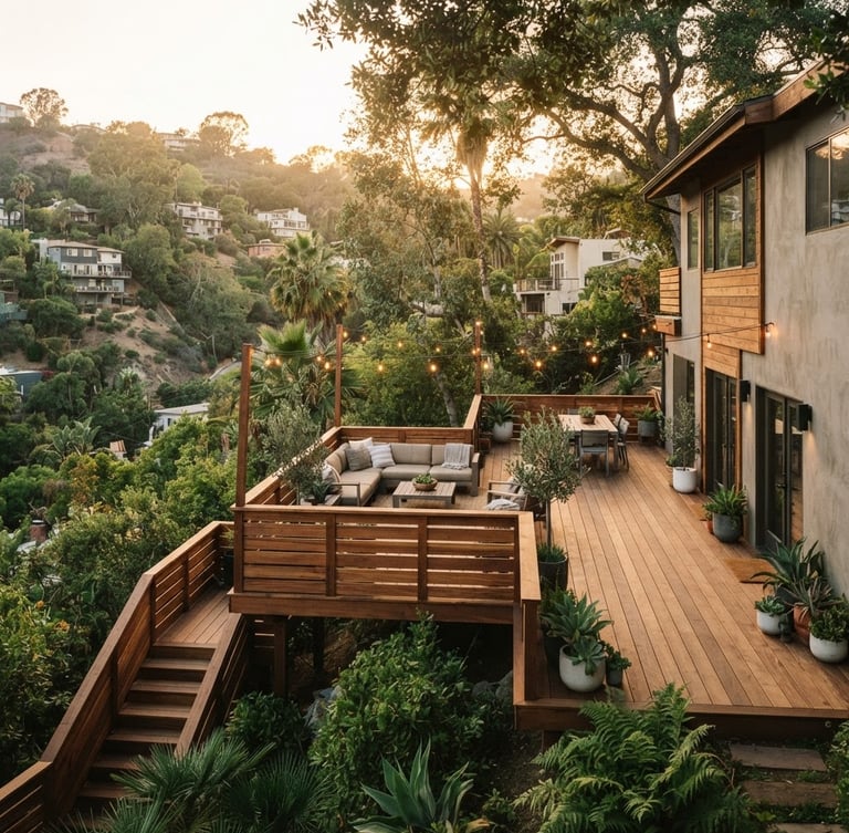 Wide-angle architectural shot of a completed cedar deck nestled in a hilly Silver Lake backyard, warm golden-hour California sun filtering through trees, rich natural wood tones, 35mm