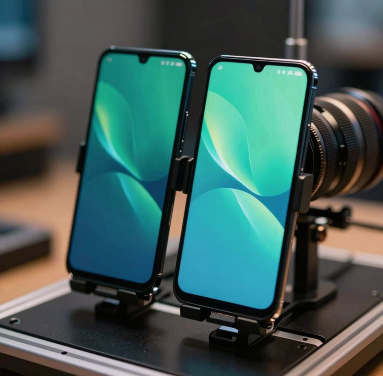 Close-up of physical Android flagship phones mounted on a developer testing rig, glowing screens displaying fluid UI transitions with teal and green reflections