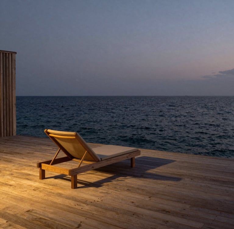 A vertical frame of a minimalist overwater villa deck at dusk, raw teak planks kissing the calm dark ocean, no people, single linen lounge chair, low golden light.