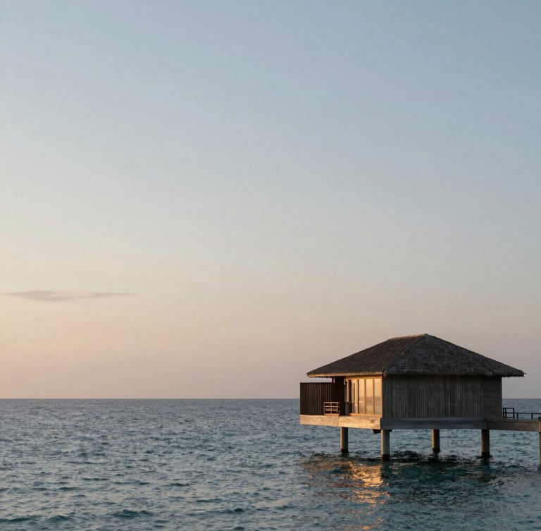 Extreme wide environmental shot of a single minimalist overwater villa against an empty horizon at twilight, soft low-angle golden hour lighting, calm ocean, negative space on the left.