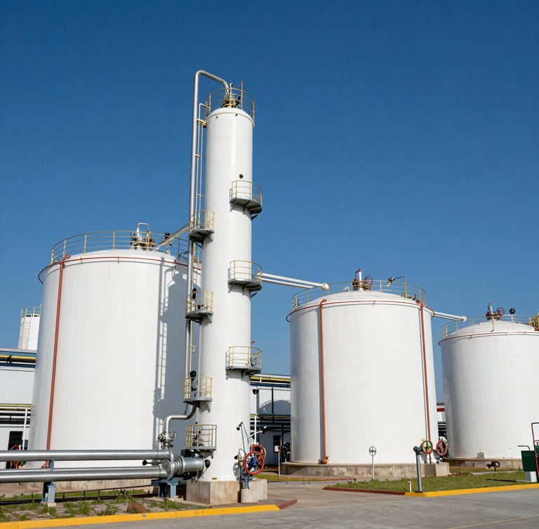 Wide-angle crisp daylight shot of a modern chemical storage facility with clean white industrial tanks, steel pipelines, and blue sky, professional 35mm