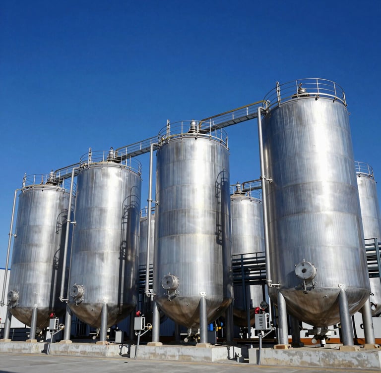Wide-angle industrial chemical storage facility, modern steel tanks, clean blue sky, high-contrast professional 35mm photography