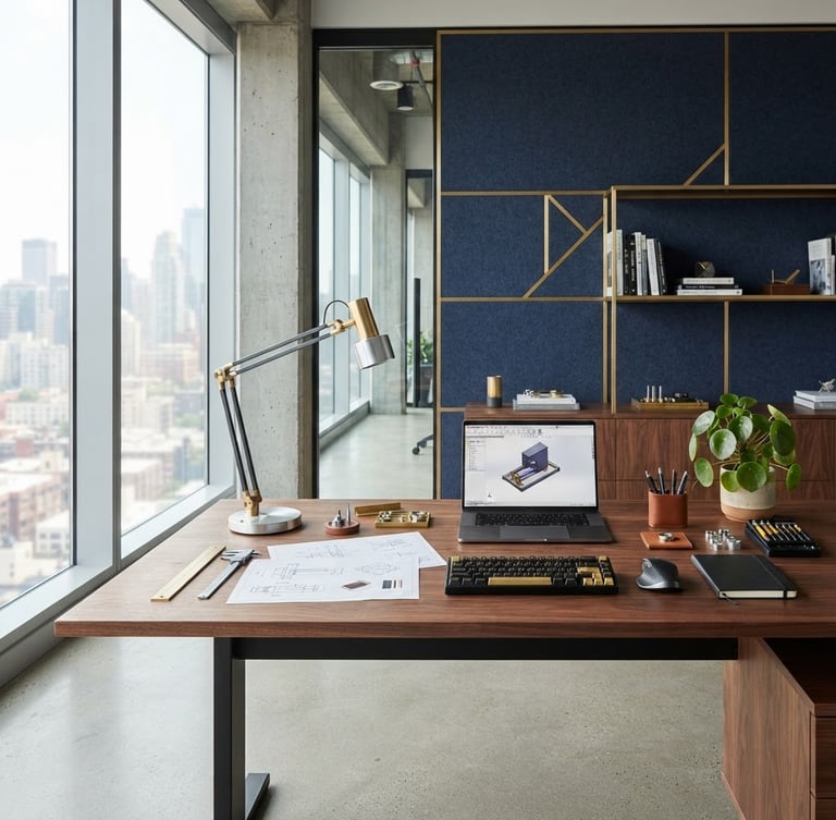 Professional workspace, modern industrial equipment on a desk, sharp focus, bright natural daylight, deep navy and warm gold accents, architectural framing, no people, wide shot