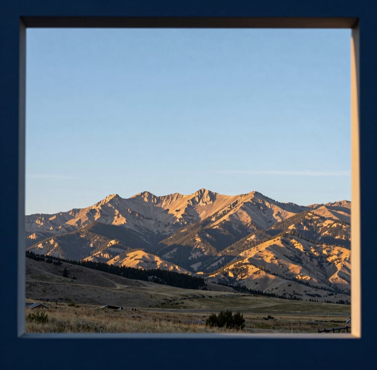 Wide panoramic Idaho landscape at sunrise, showcasing the rugged Intermountain West region, with a focus on clear skies and natural light. Architectural framing with subtle blue and gold undertones.