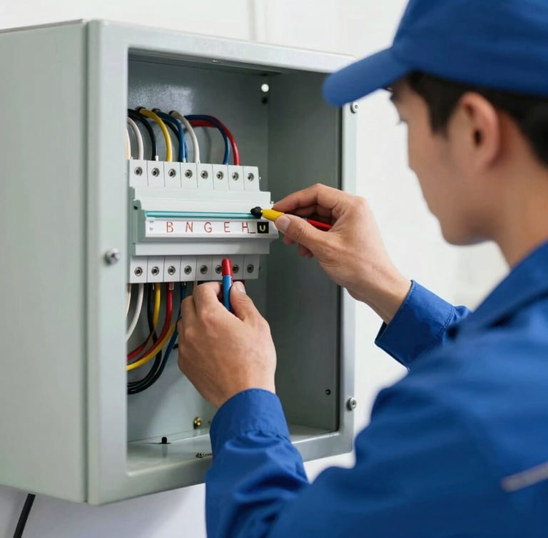 Close-up of a professional electrician in a clean blue uniform wiring a modern electrical panel, bright natural daylight, crisp details, 35mm lens