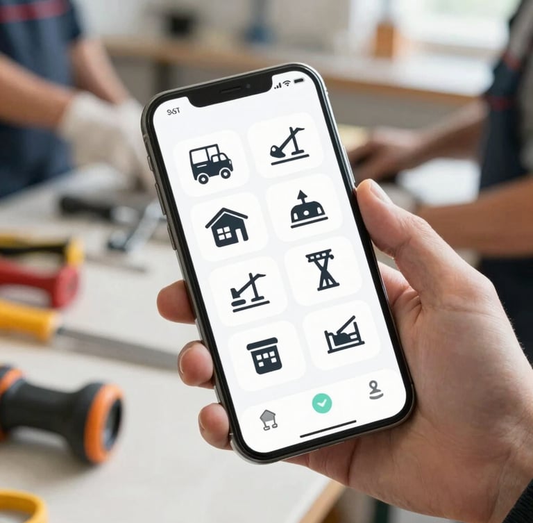 A clean modern smartphone displaying a sleek mobile app interface with construction icons, held by a hand in a bright, sunlit workshop with tools blurred in the background, 35mm lens