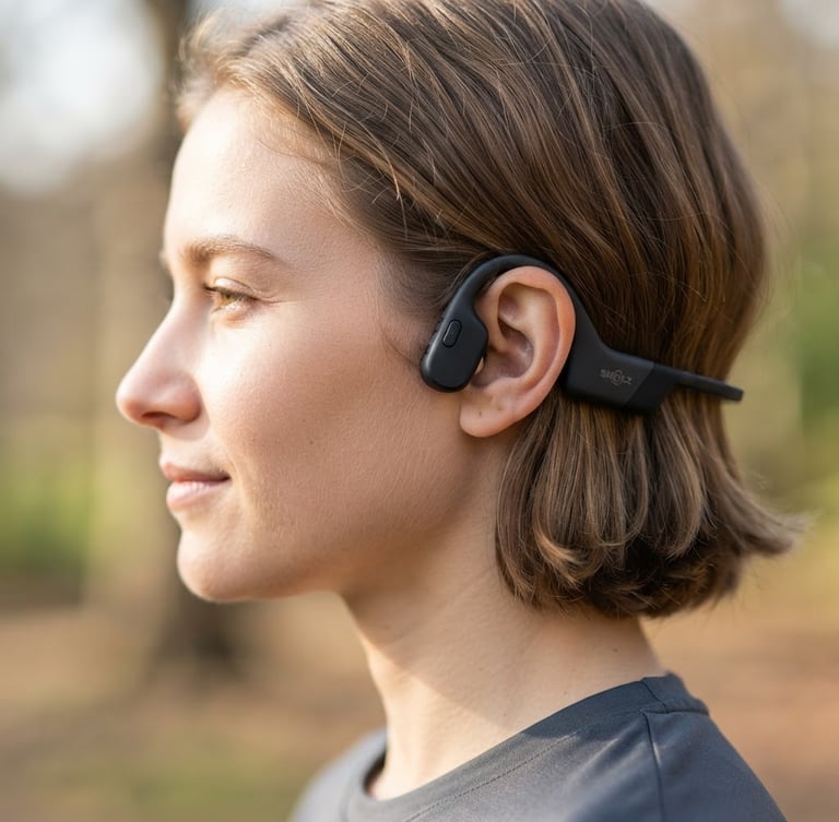 Close-up profile shot of an individual wearing the open-ear headset, showing the device resting behind the ear without covering the ear canal, bright natural morning light, shallow depth of field, 50mm lens