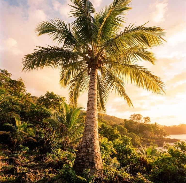 Low-angle environmental shot of a mature King Palm tree with vibrant green fronds swaying against a bright Caribbean golden-hour sky, warm sun-dappled lighting.