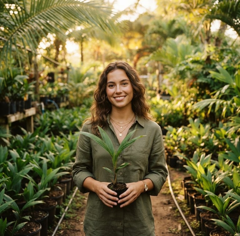 Environmental eye-level portrait of a young 20-year-old female CEO standing in a lush palm nursery, warm golden-hour tropical sunlight, holding a small palm seedling, rich green fronds in soft focus background