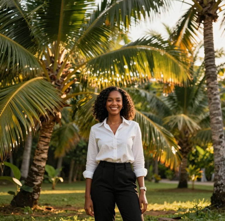 Environmental portrait of a young female Caribbean CEO standing proudly in a lush palm grove, smiling, warm golden sunlight filtering through fronds.