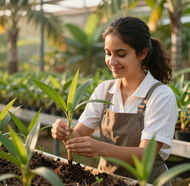 A portrait of a young female horticulturist smiling gently while inspecting healthy green palm seedlings in a sun-dappled nursery, warm golden lighting, shallow depth of field.