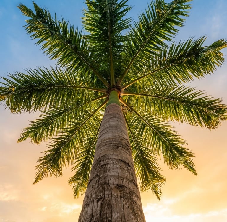Low-angle shot of a majestic mature palm tree against a bright tropical sky, golden hour light highlighting the rich green fronds and textured trunk.